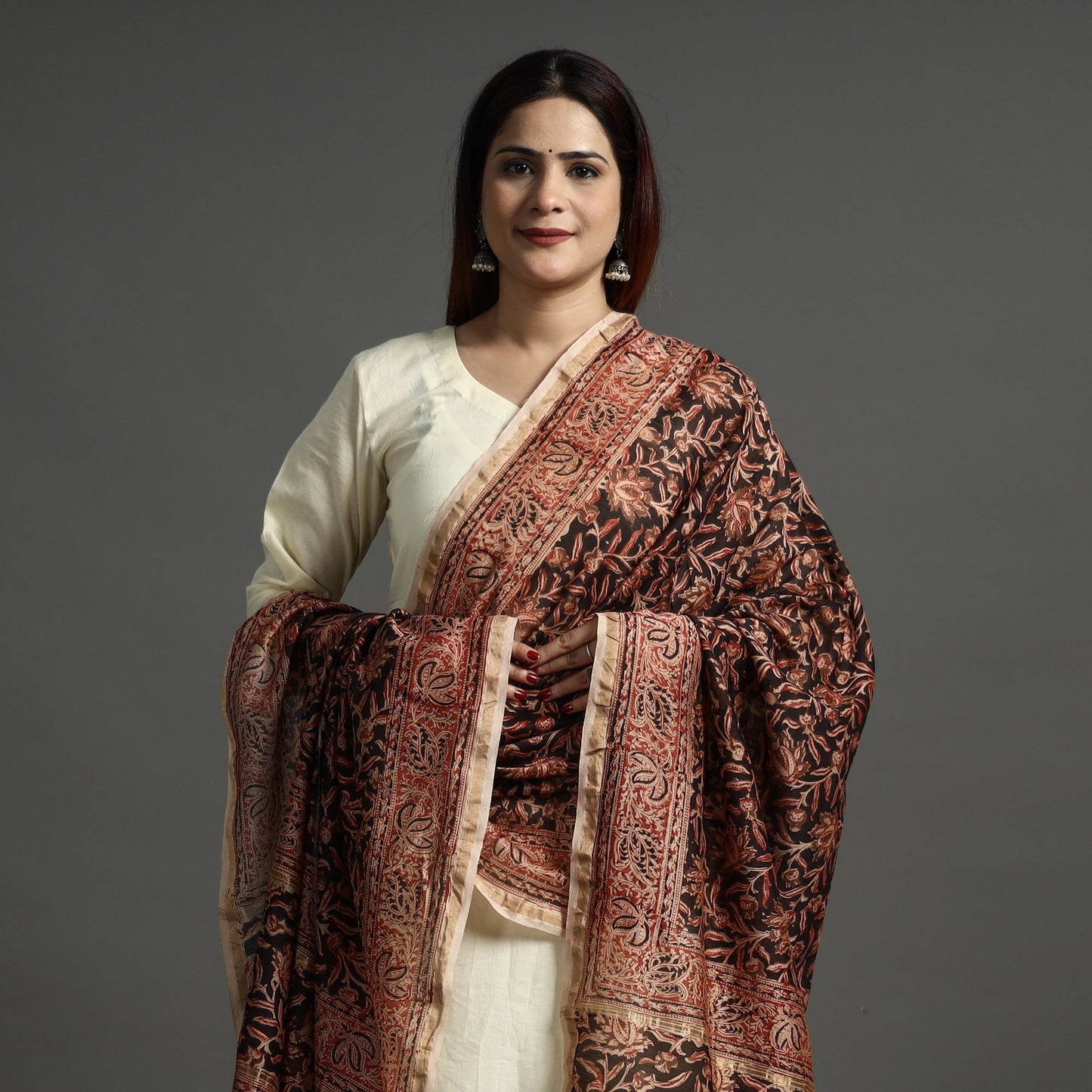 Black Pedana Kalamkari Block Printed Handloom Chanderi Silk Dupatta