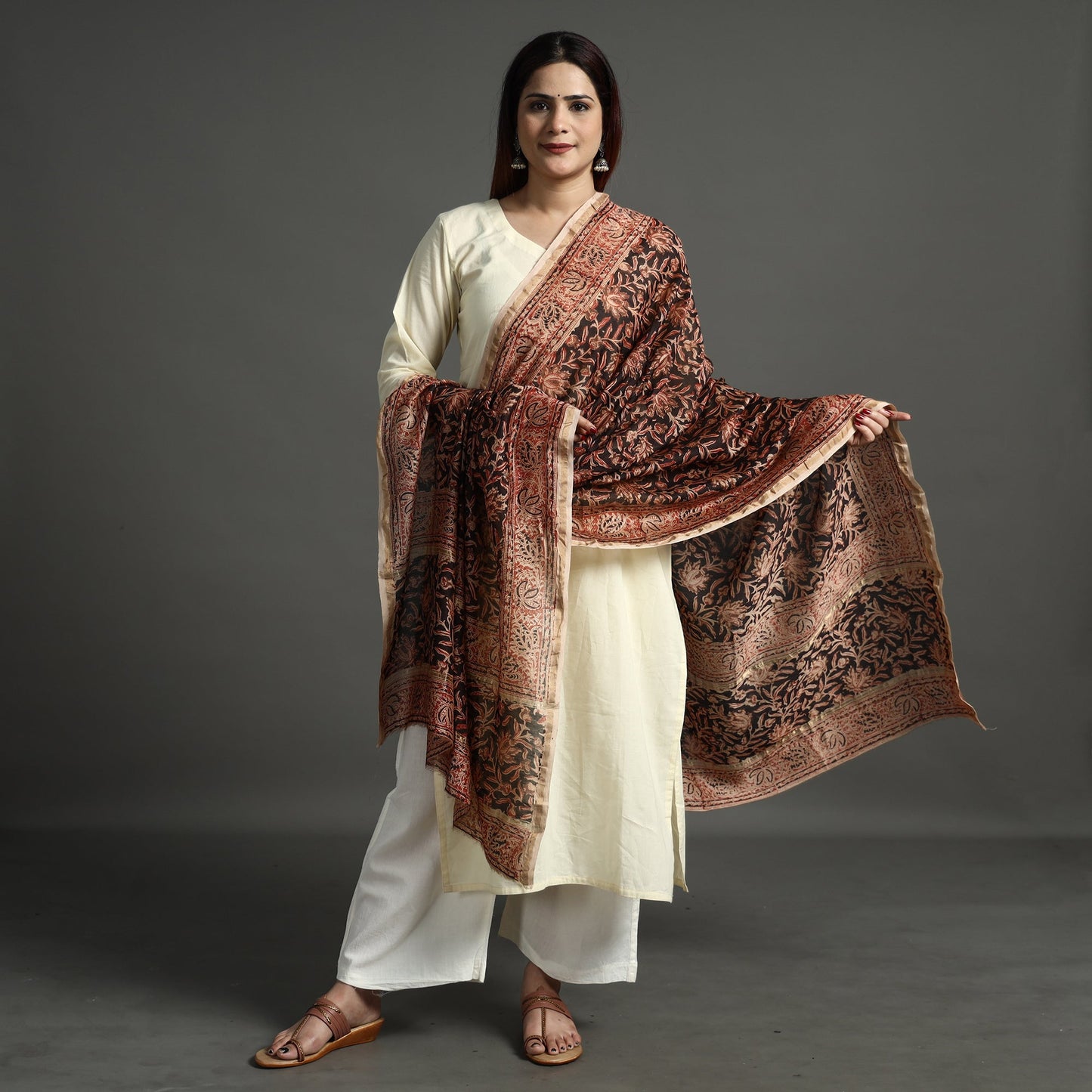 Black Pedana Kalamkari Block Printed Handloom Chanderi Silk Dupatta