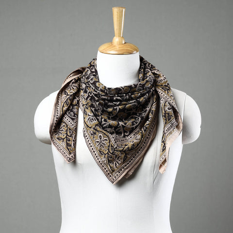 Black Pedana Kalamkari Block Printed Natural Dyed Cotton Scarf 