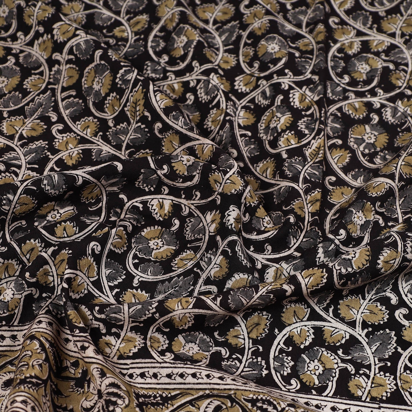 Black Pedana Kalamkari Block Printed Natural Dyed Cotton Scarf 