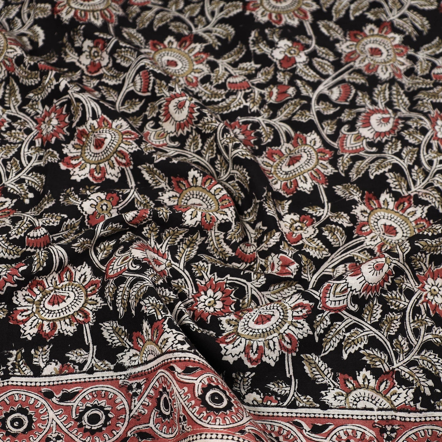 Black Pedana Kalamkari Block Printed Natural Dyed Cotton Scarf 