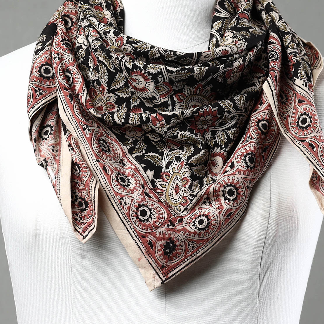Black Pedana Kalamkari Block Printed Natural Dyed Cotton Scarf 