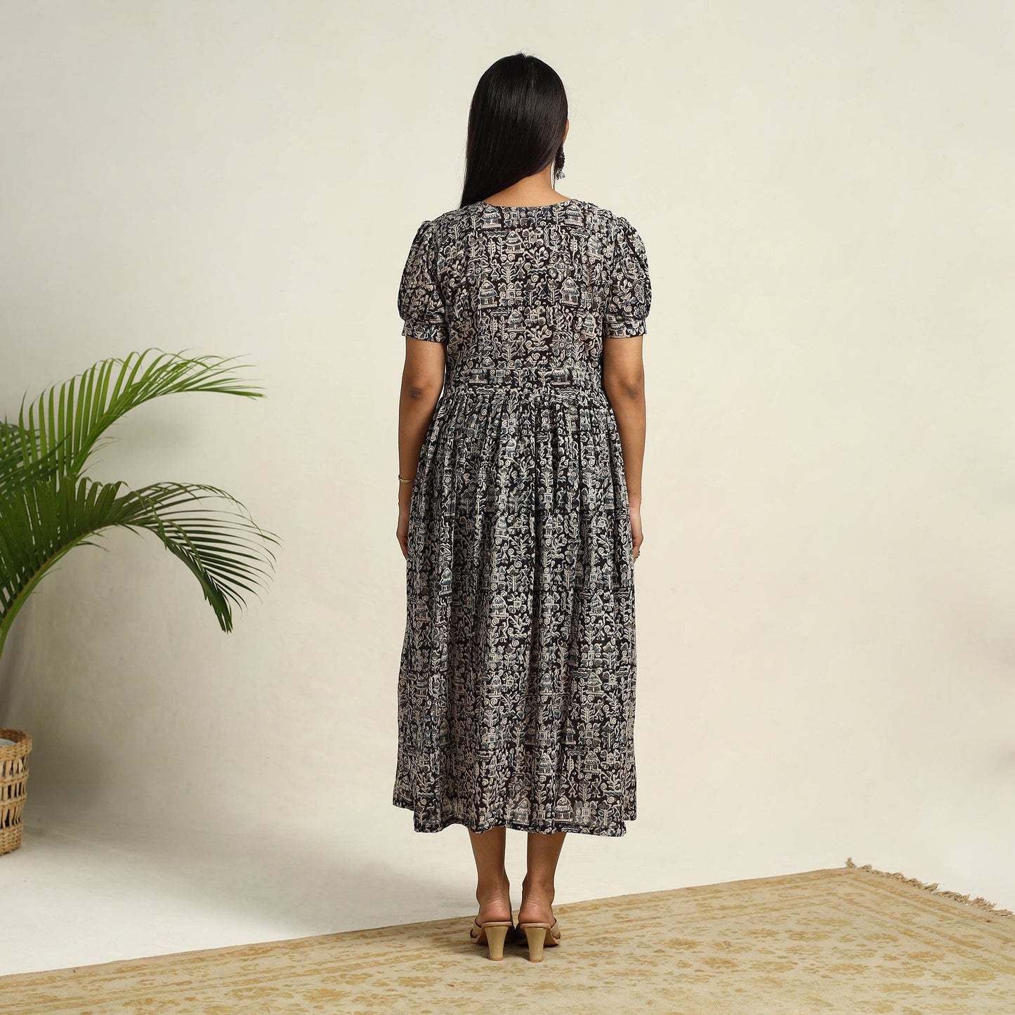 Pedana Block Print Mul Cotton Black Flared Kalamkari Dress