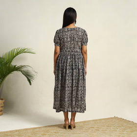 Pedana Block Print Mul Cotton Black Flared Kalamkari Dress