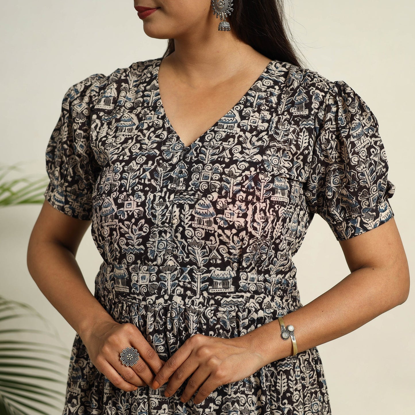 Pedana Block Print Mul Cotton Black Flared Kalamkari Dress