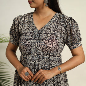 Pedana Block Print Mul Cotton Black Flared Kalamkari Dress