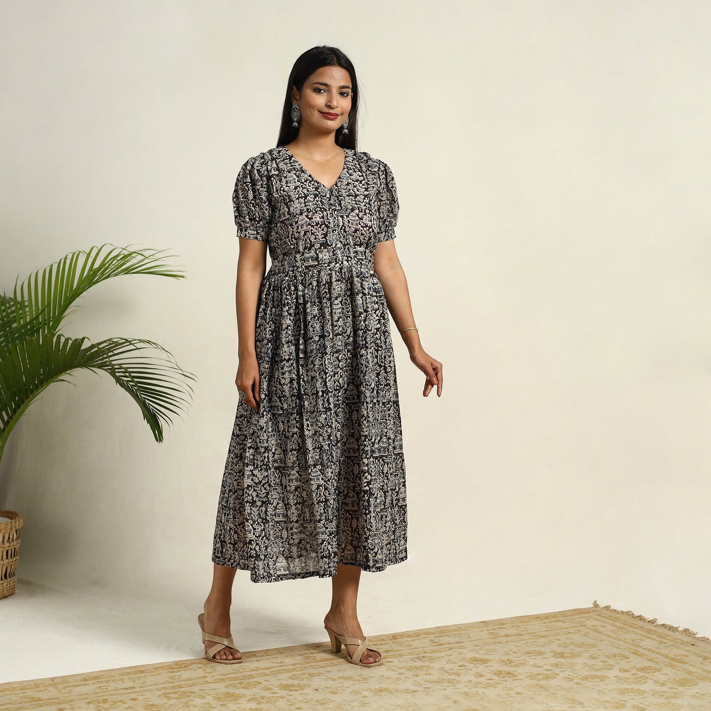 Pedana Block Print Mul Cotton Black Flared Kalamkari Dress