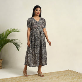 Pedana Block Print Mul Cotton Black Flared Kalamkari Dress