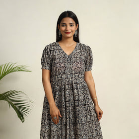 Pedana Block Print Mul Cotton Black Flared Kalamkari Dress