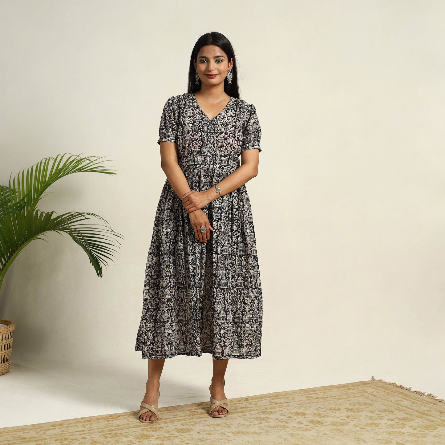 Pedana Block Print Mul Cotton Black Flared Kalamkari Dress
