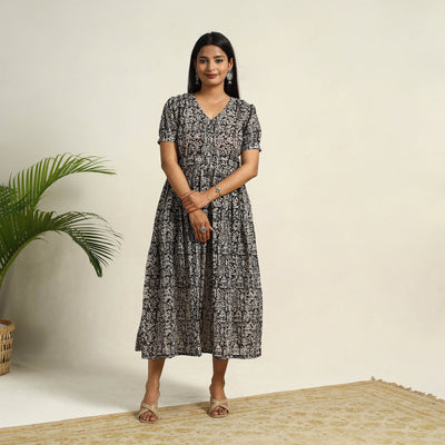 Pedana Block Print Mul Cotton Black Flared Kalamkari Dress