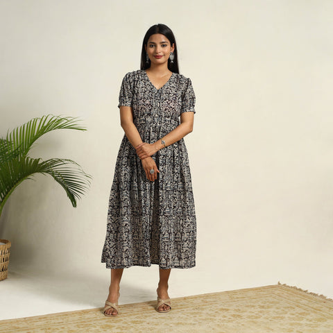 Pedana Block Print Mul Cotton Black Flared Kalamkari Dress
