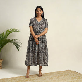 Pedana Block Print Mul Cotton Black Flared Kalamkari Dress