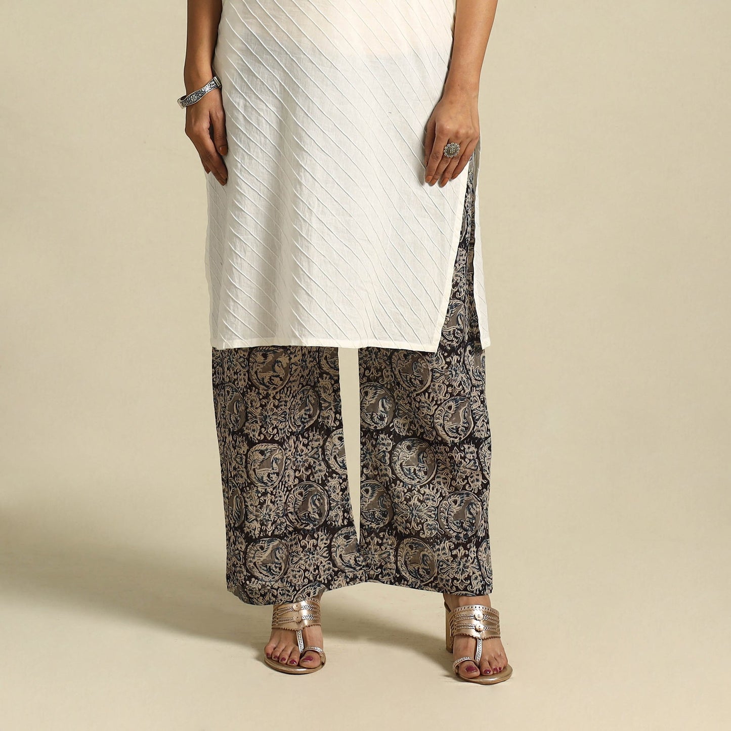  Black Pedana Block Print Mul Cotton Kalamkari Palazzo