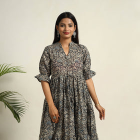Pedana Block Print Mul Cotton Tiered Black Kalamkari Dress