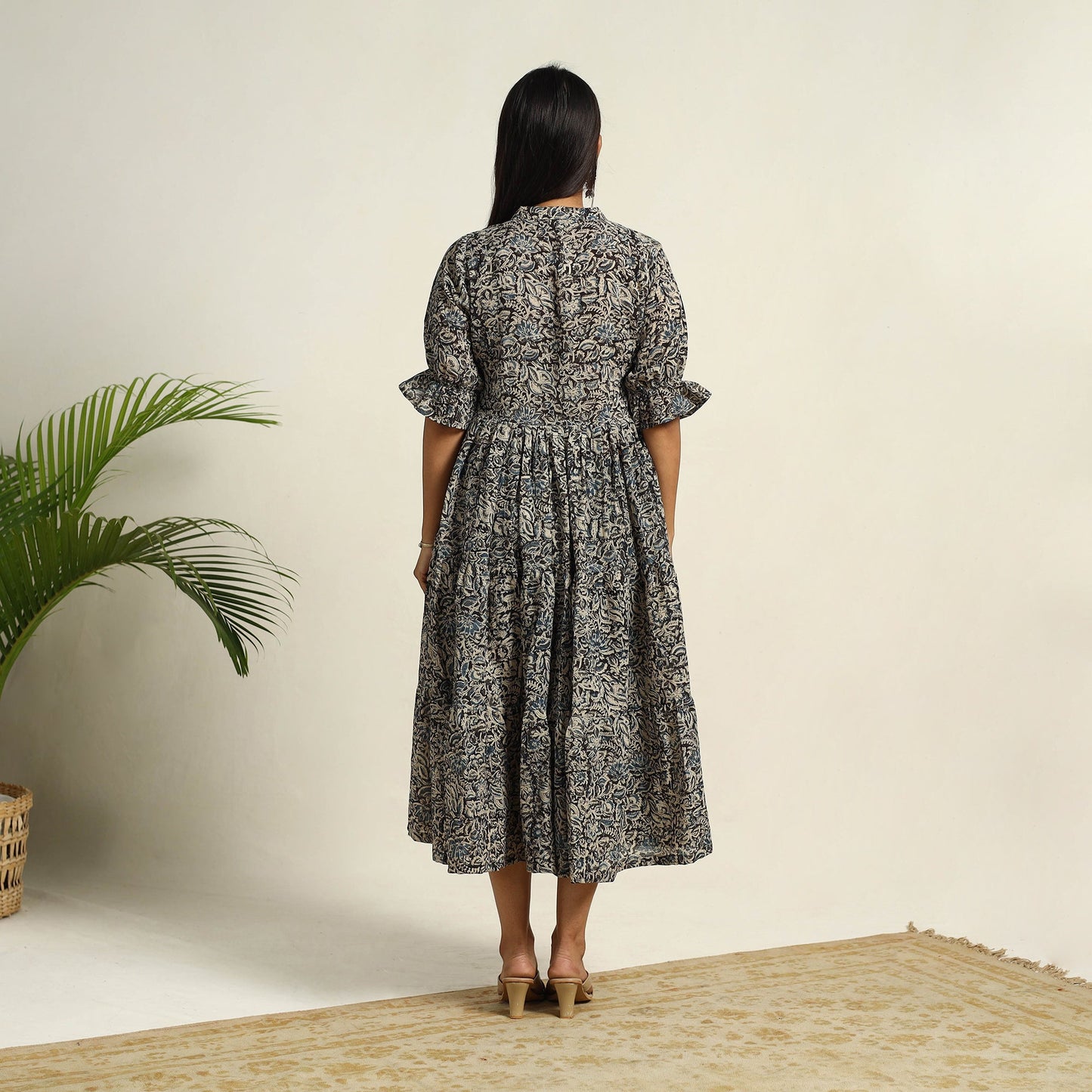 Pedana Block Print Mul Cotton Tiered Black Kalamkari Dress