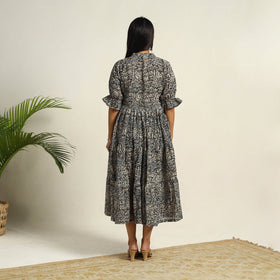 Pedana Block Print Mul Cotton Tiered Black Kalamkari Dress