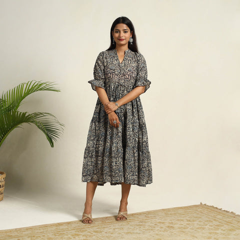 Pedana Block Print Mul Cotton Tiered Black Kalamkari Dress