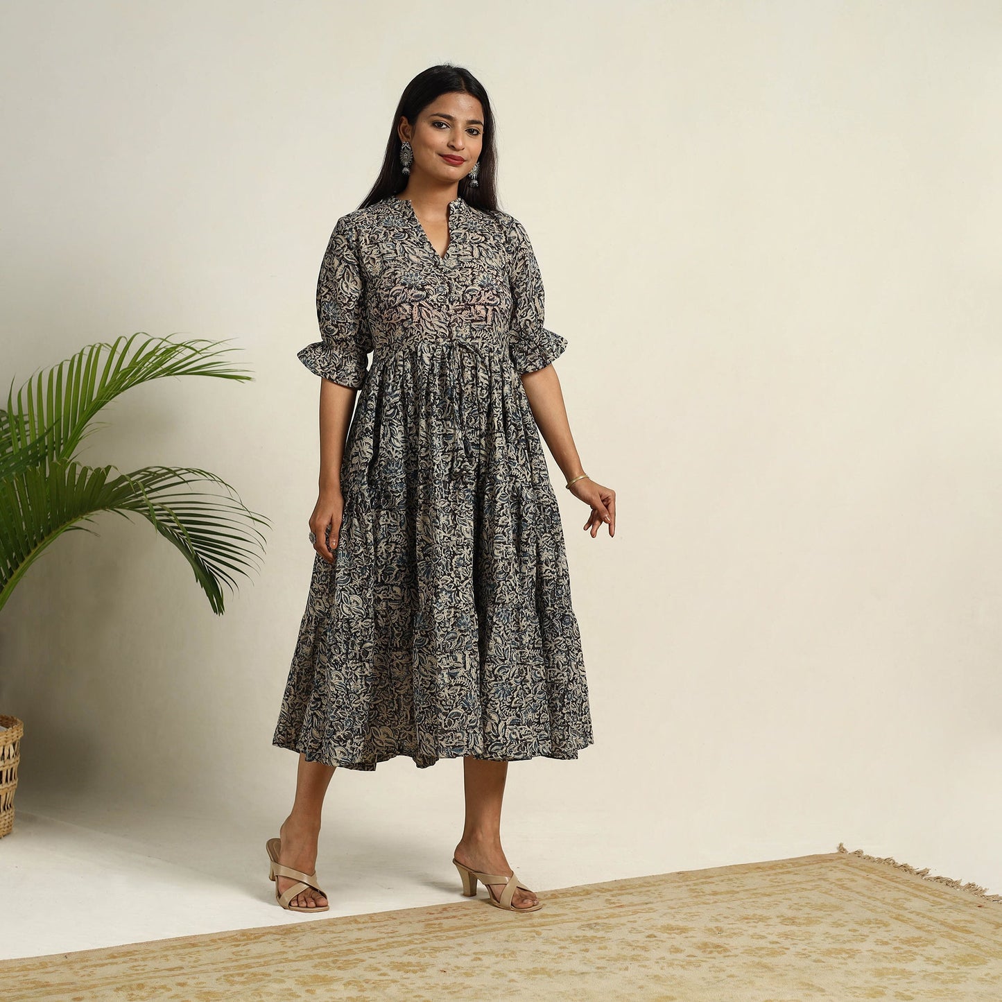 Pedana Block Print Mul Cotton Tiered Black Kalamkari Dress