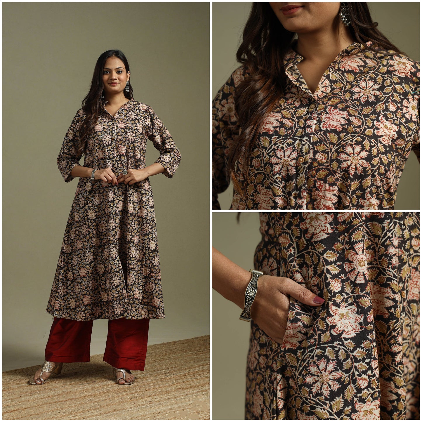 Black - pedana natural dyed cotton a-line kalamkari kurta