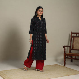 Black - pintuck cotton straight pochampally ikat kurta 06