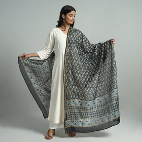 Black - Pipad Block Printed Handloom Chanderi Silk Dupatta 71