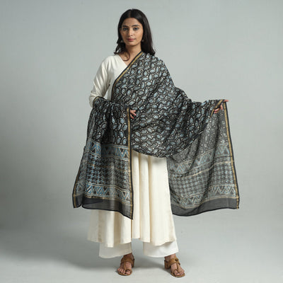 Black - Pipad Block Printed Handloom Chanderi Silk Dupatta 71