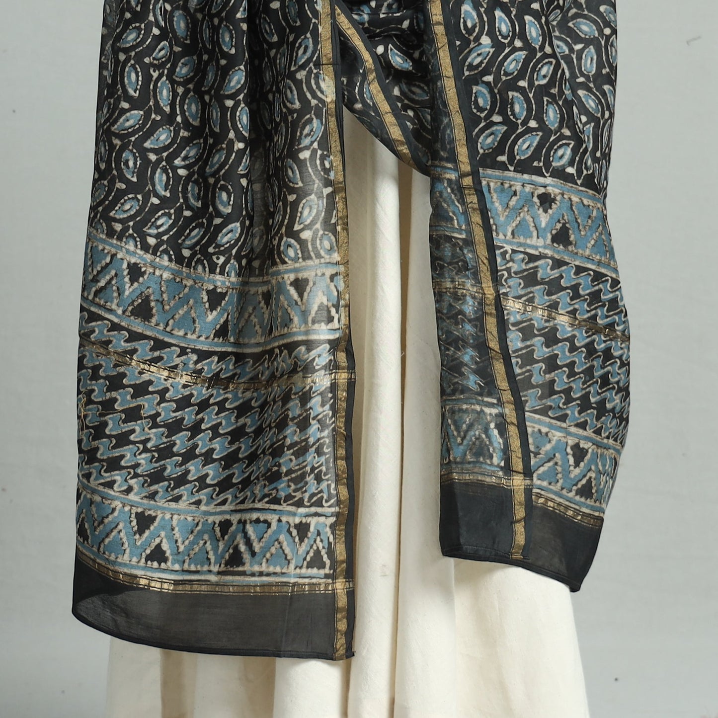 Black - Pipad Block Printed Handloom Chanderi Silk Dupatta 71