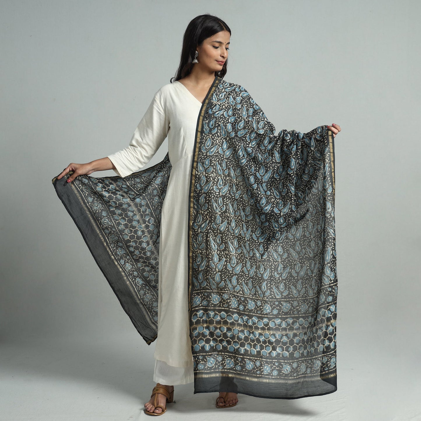 Black - Pipad Block Printed Handloom Chanderi Silk Dupatta 75