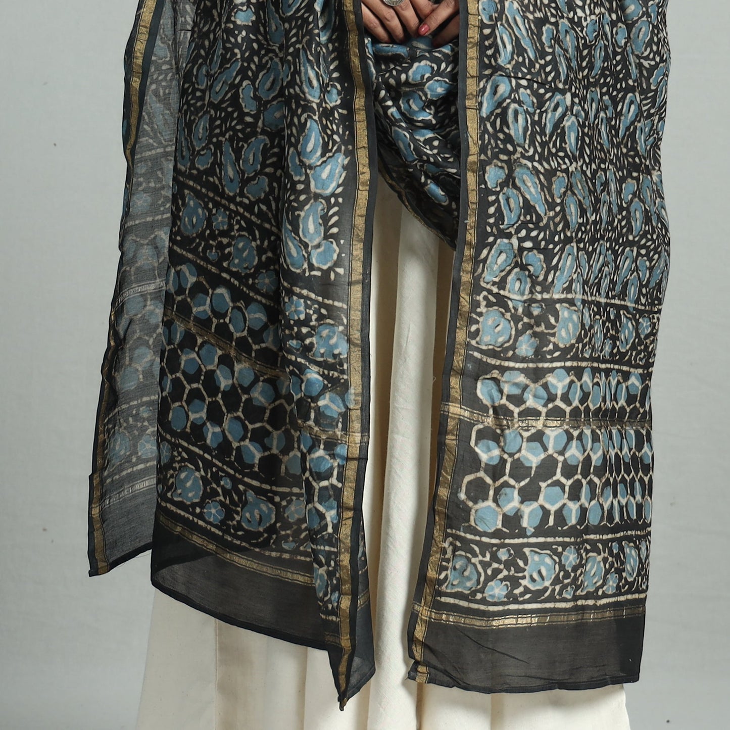 Black - Pipad Block Printed Handloom Chanderi Silk Dupatta 75