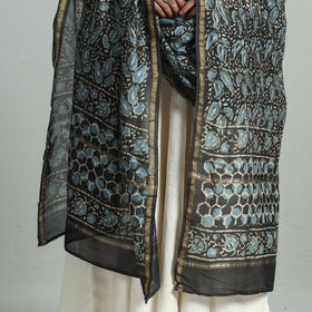 Black - Pipad Block Printed Handloom Chanderi Silk Dupatta 75