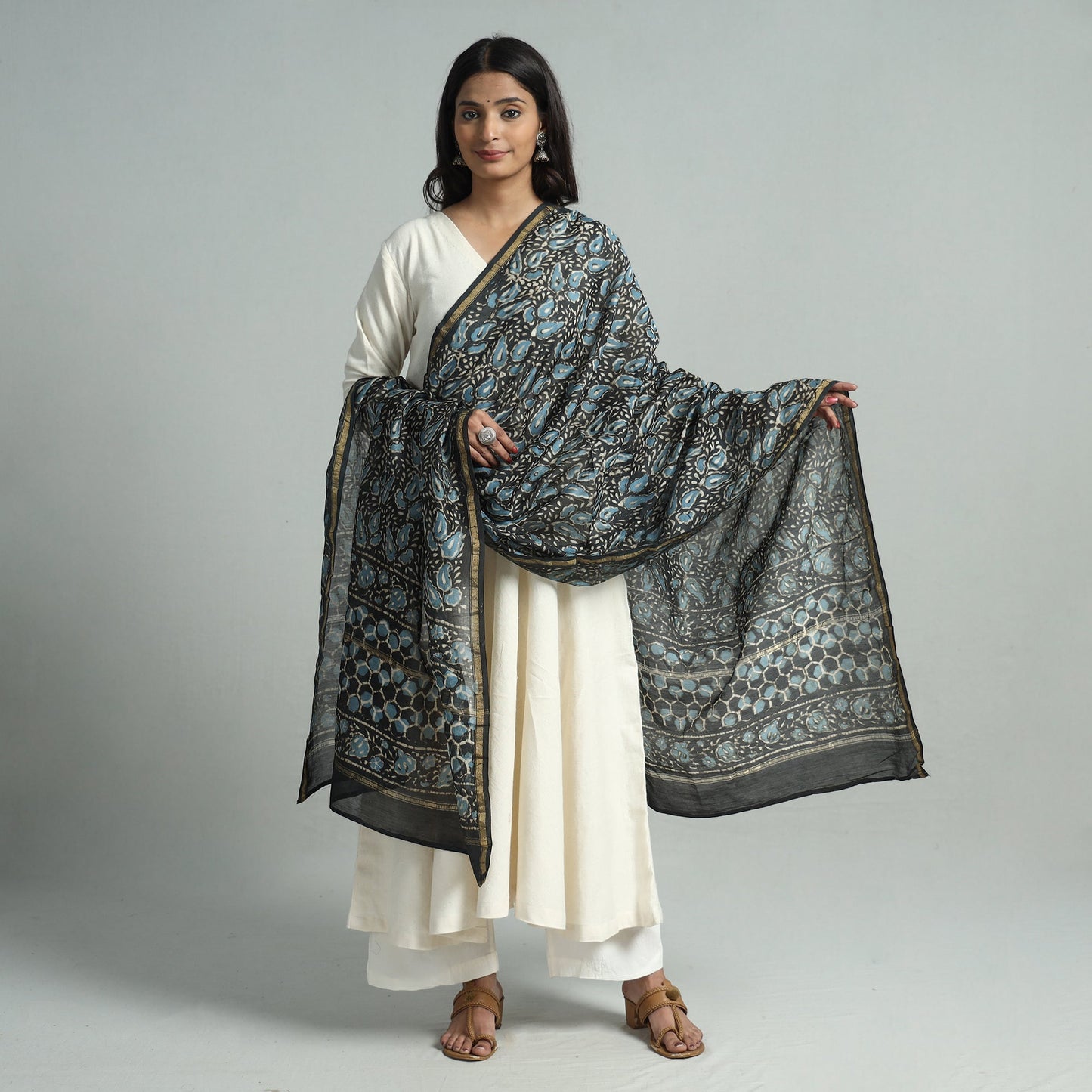 Black - Pipad Block Printed Handloom Chanderi Silk Dupatta 75