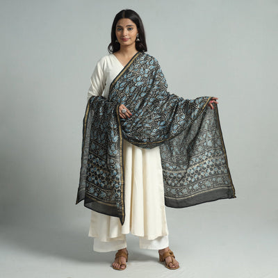 Black - Pipad Block Printed Handloom Chanderi Silk Dupatta 75