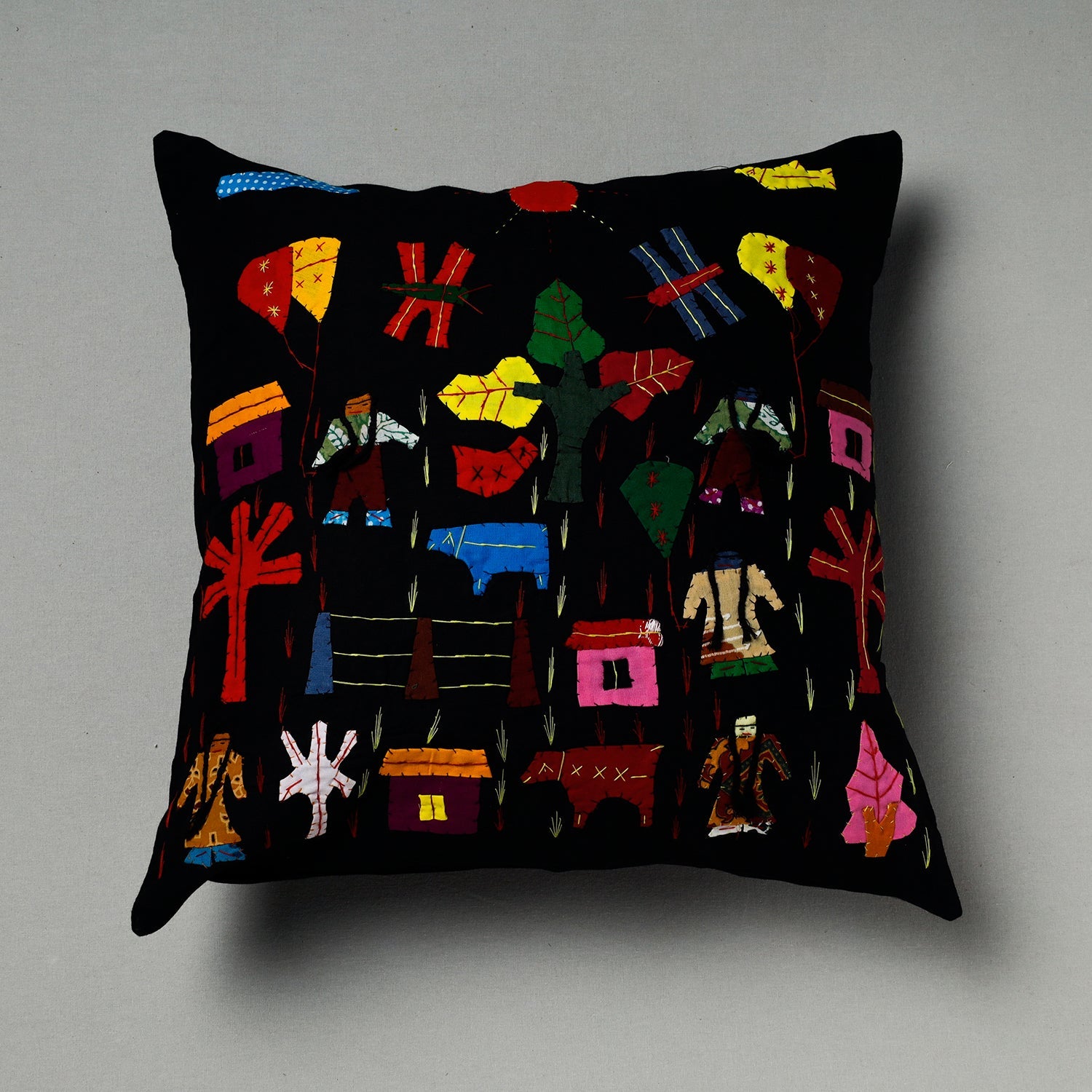 Black Pipli Applique Work Cotton Cushion Cover (16 x 16 in) Assorted