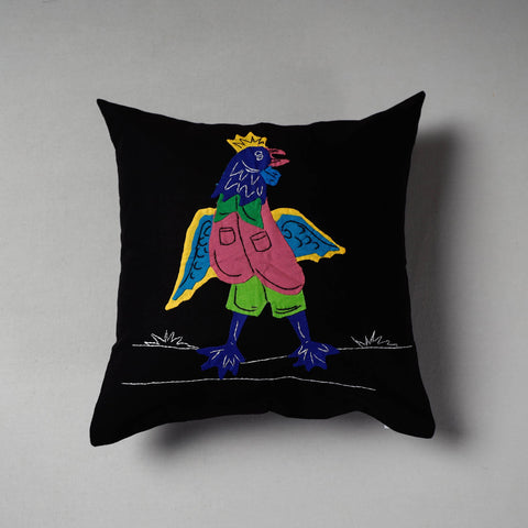 Black Pipli Applique Work Cotton Cushion Cover 