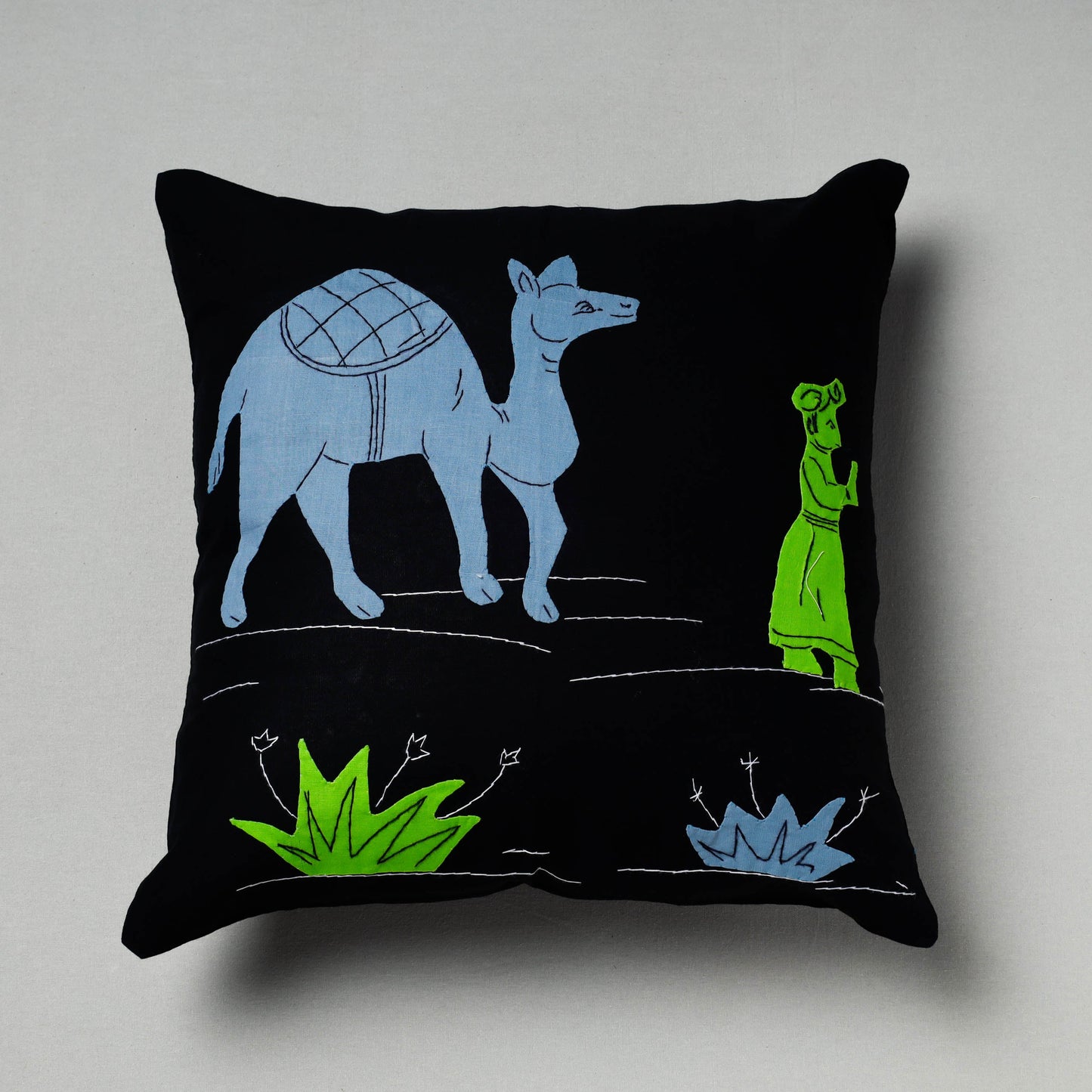 Black Pipli Applique Work Cotton Cushion Cover 