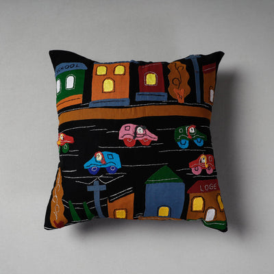 Black Pipli Applique Work Cotton Cushion Cover