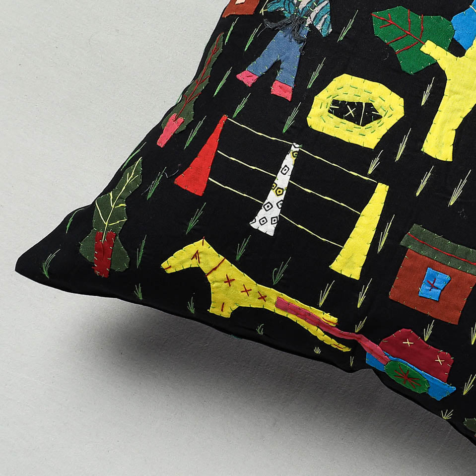 Black  Pipli Applique Work Cotton Cushion Cover
