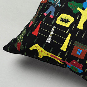 Black  Pipli Applique Work Cotton Cushion Cover