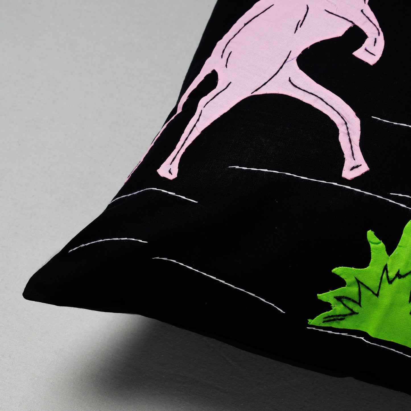 Black Pipli Applique Work Cotton Cushion Cover 