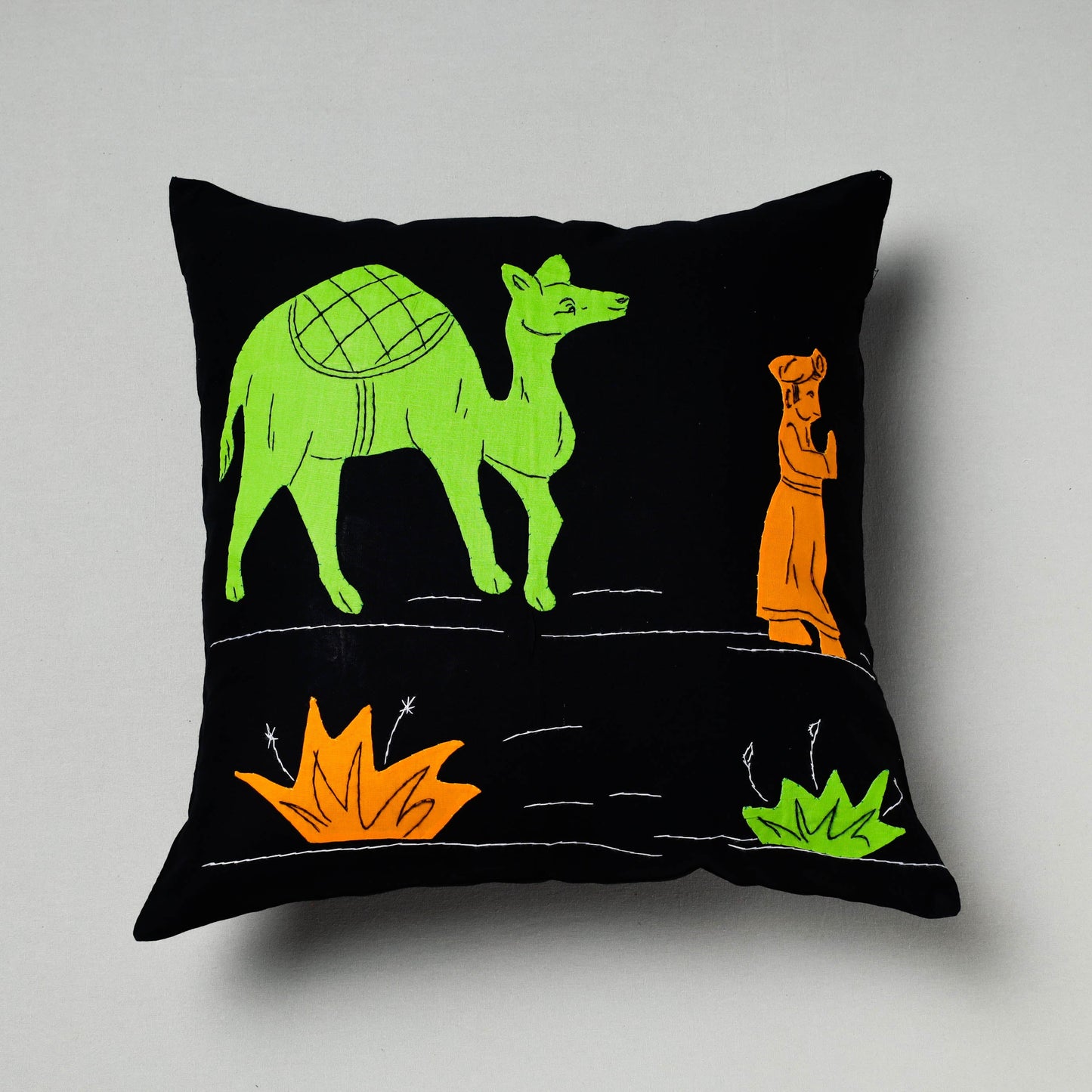 Black Pipli Applique Work Cotton Cushion Cover 