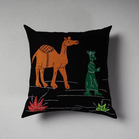 Black Pipli Applique Work Cotton Cushion Cover 