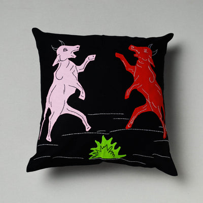 Black Pipli Applique Work Cotton Cushion Cover 