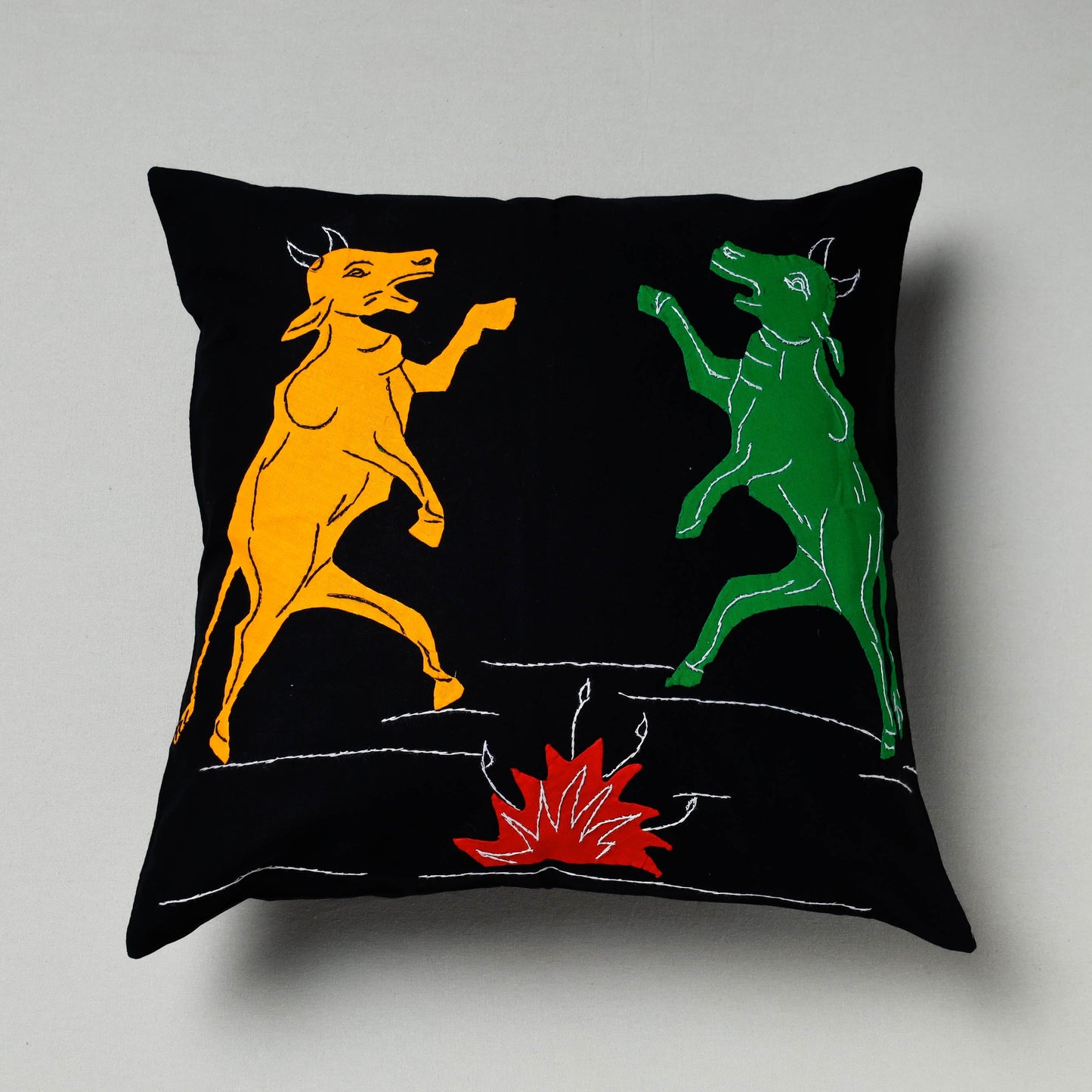 Black Pipli Applique Work Cotton Cushion Cover 