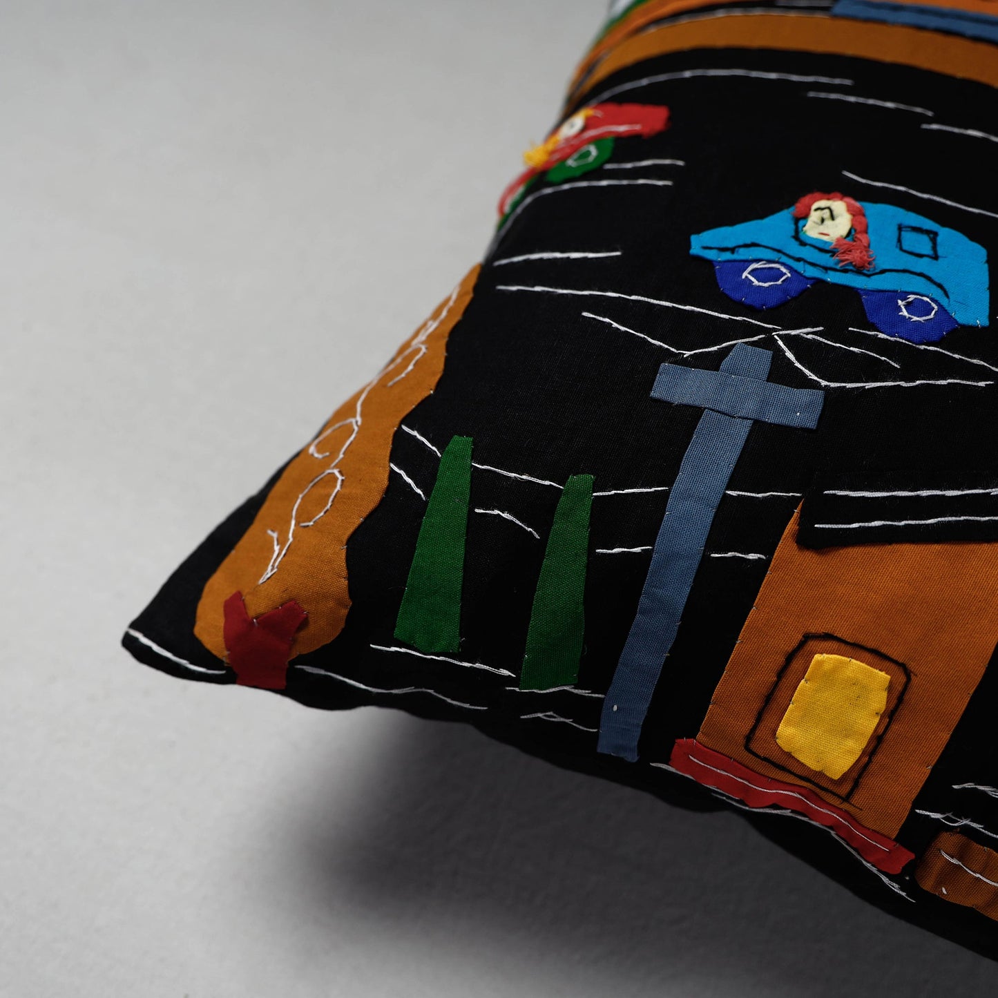 Black Pipli Applique Work Cotton Cushion Cover