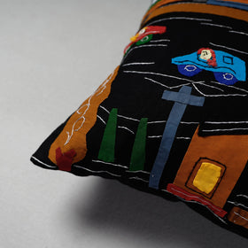 Black Pipli Applique Work Cotton Cushion Cover