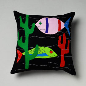 Black Pipli Applique Work Cotton Cushion Cover 