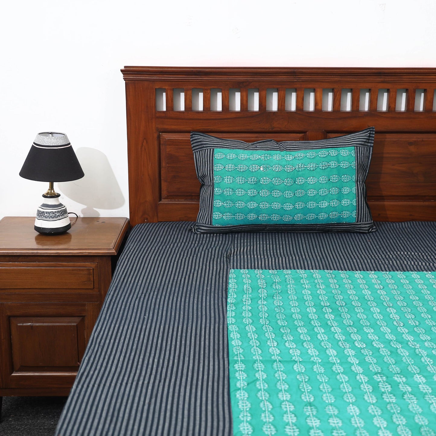 Black - Plain Cotton Double Bed Cover with Block Print Patchwork (94 x 89 In)