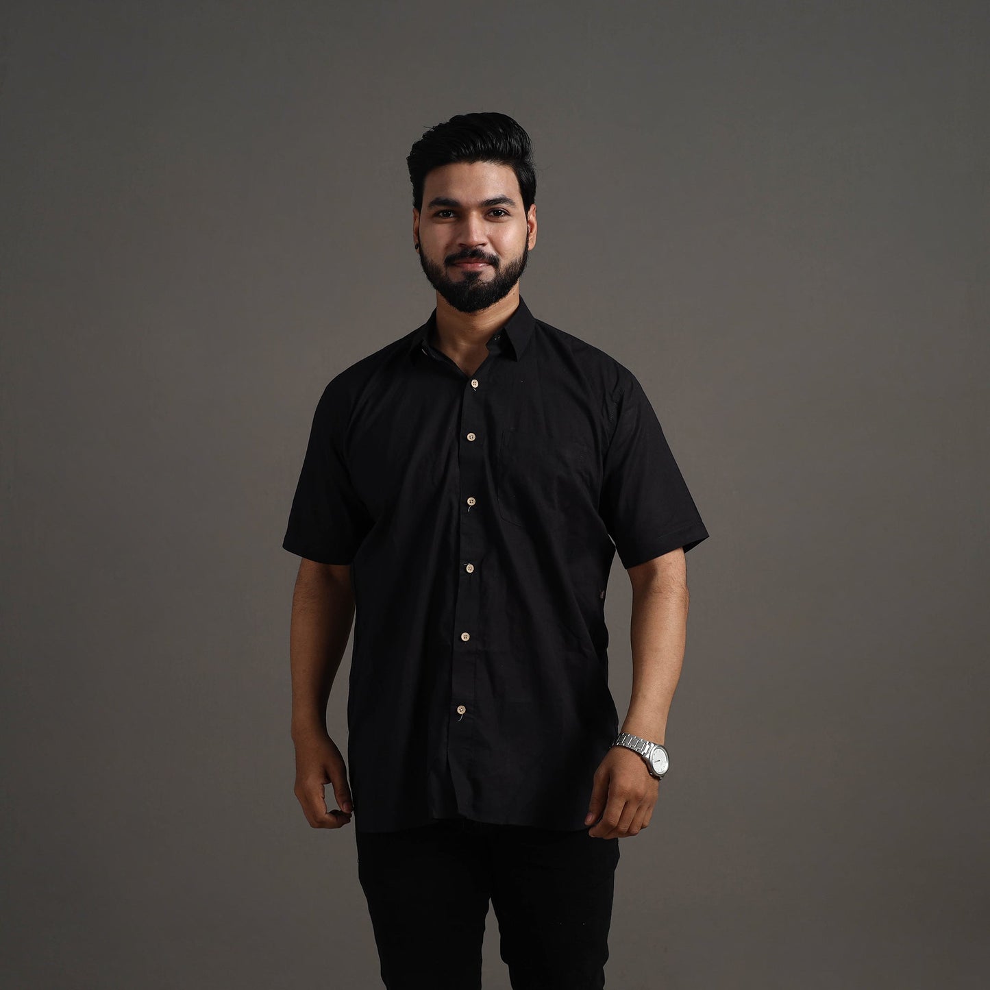  Black Plain Cotton Men Half Sleeve Shirt