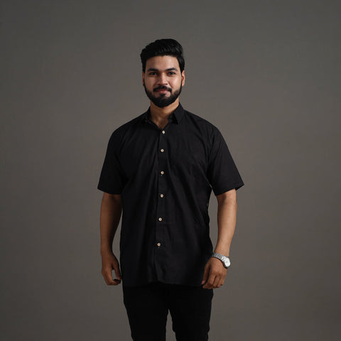  Black Plain Cotton Men Half Sleeve Shirt